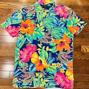Ralph Lauren Navy Tropical Floral Polo Shirt with Pink & Orange Hibiscus